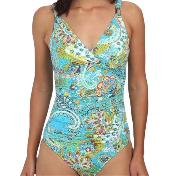 Lauren Ralph Lauren Multi Paisley Shirred Surplice Underwire Slimming Suit Sz 14 - Picture 9 of 9